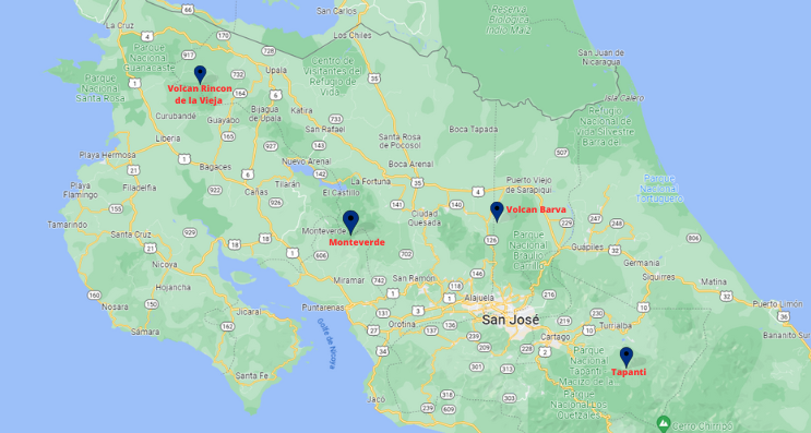 Carte des meilleures activités à faire au Costa Rica